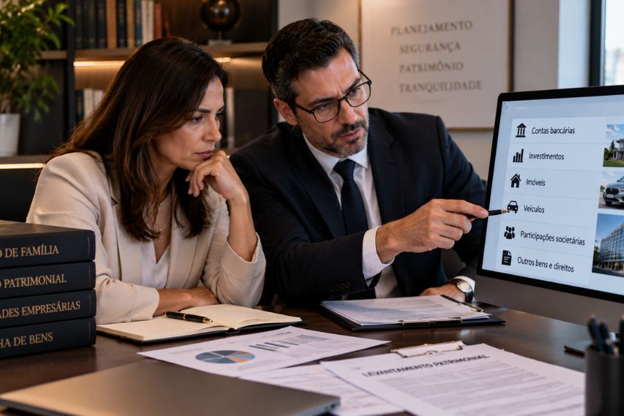 Mulher e advogado verificando bens e patrimônio antes da partilha do divórcio