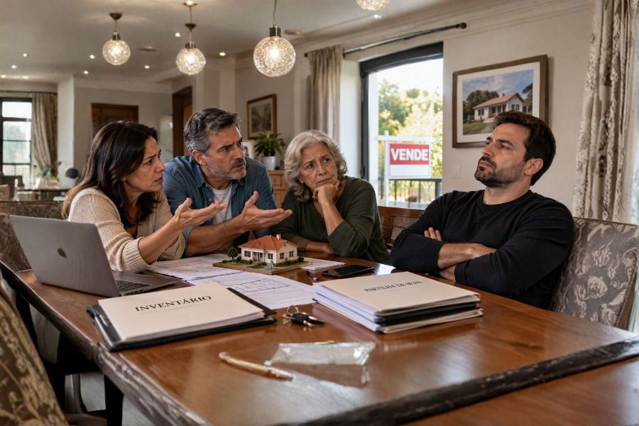 Herdeiros discutindo a venda do imóvel da herança enquanto um deles se recusa a concordar